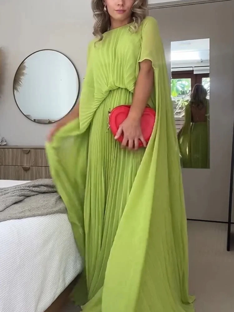 

Women Elegant Green Ruffled Long Dress Casual Round Neck Half Sleevee Loose Maxi Vestido 2025 Summer Lady Commute Fashion Robes