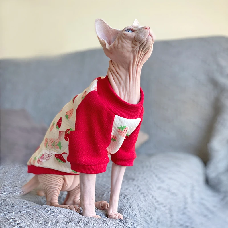 Soft Sphinx Cat Vest Clothes Winter Kittens Costume Pet Hoodies For Sphynx Small Dog Coat With Strawberry Pattern Autumn Spring