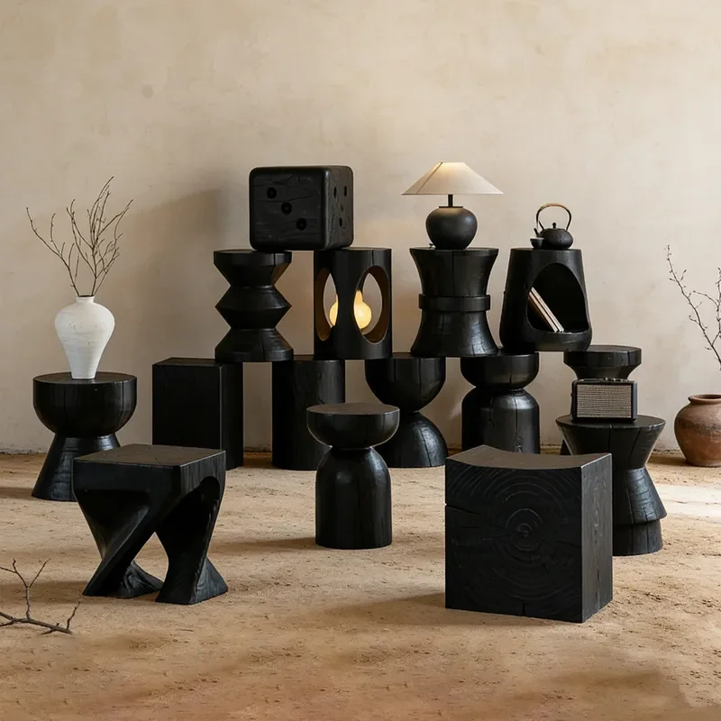Nordic Solid Wood Carbonized Black Geometric Pier Stool Corner Stump Seat Fire Log Homestay Ornament Natural Rustic Decor