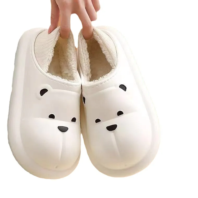 Thick-soled waterproof cartoon bear cotton slippers for men and women winter family home non-slip warm bag heel shoes