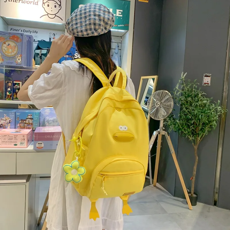 TRAVEASY Cute Women Backpack Nylon Cartoon Duck Kawaii Middle School Students Bags for Teenage Girls Solid Color Bookbags Casual