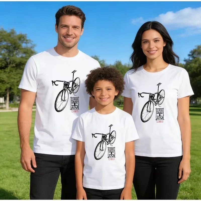 

Новинка 2026, детская футболка с велосипедным принтом, одежда из чистого хлопка с круглым вырезом для родителей и детей, верхняя одежда с индивидуальным узором