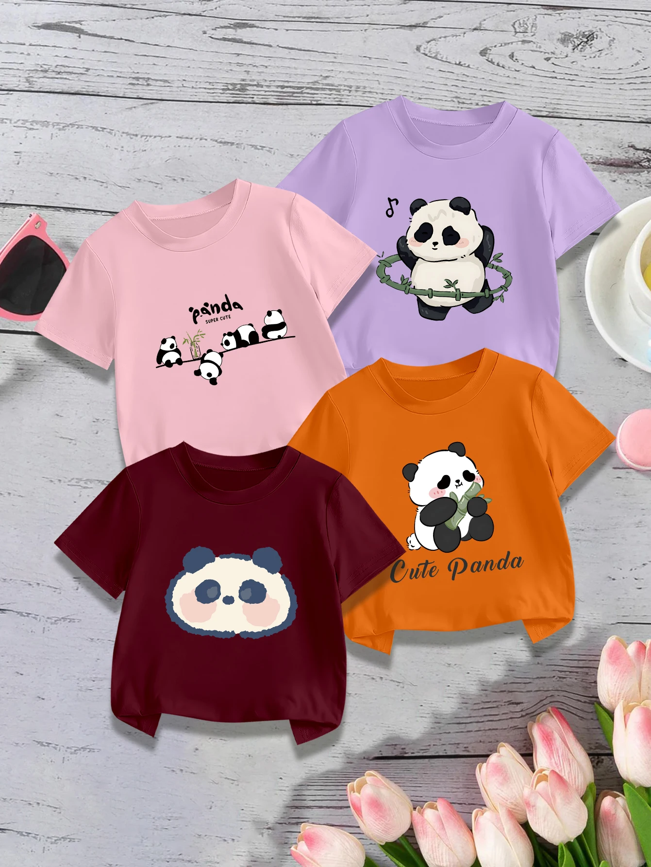 

4 предмета: летние футболки для девочек с рисунком панды с большой головой и панды, выполняющей хулахуп.