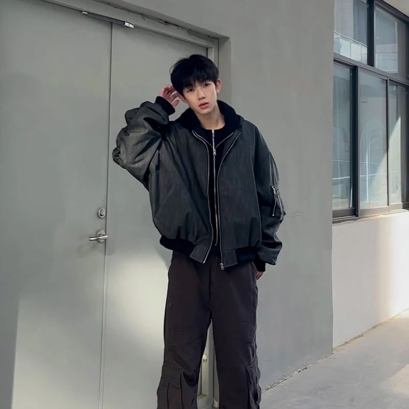 

Men's Thiened Winter Jaet Cotton PU Leather Workwear Hooded Coat Cleanfit American High Street Sle Youth Casual Faion