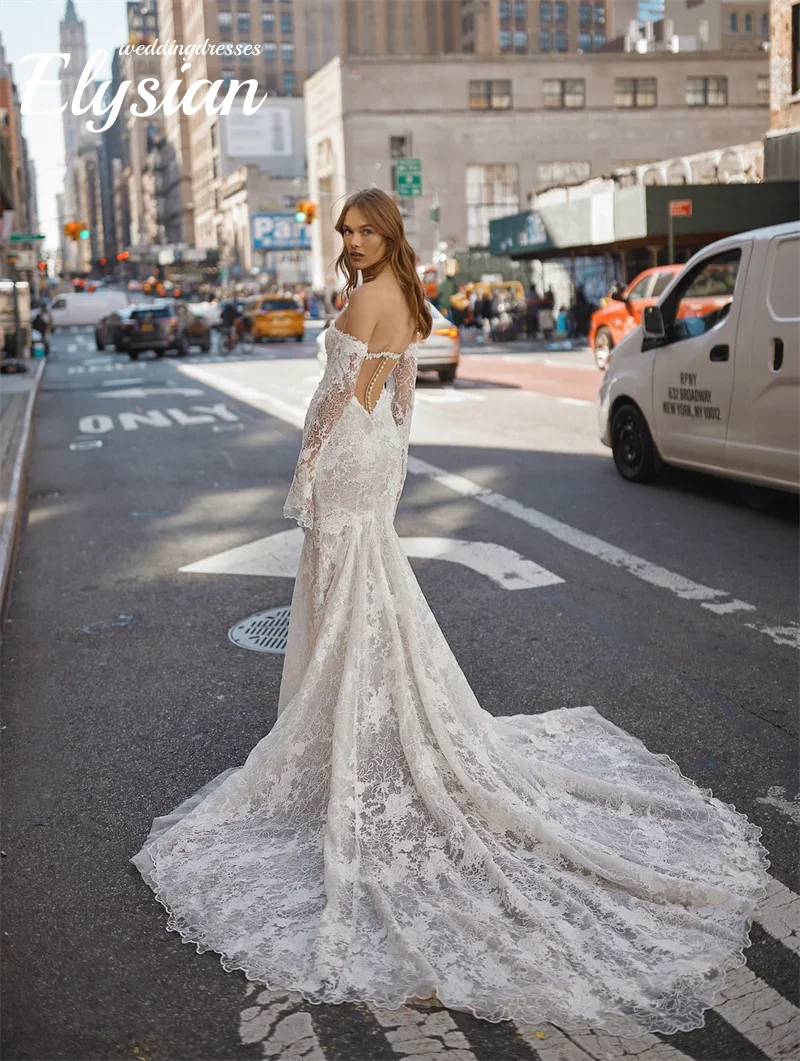 تخصيص الدانتيل حورية البحر فساتين الزفاف كامل الأكمام قبالة الكتف عارية الذراعين الوهم ثوب الزفاف الطابق طول فساتين العروس