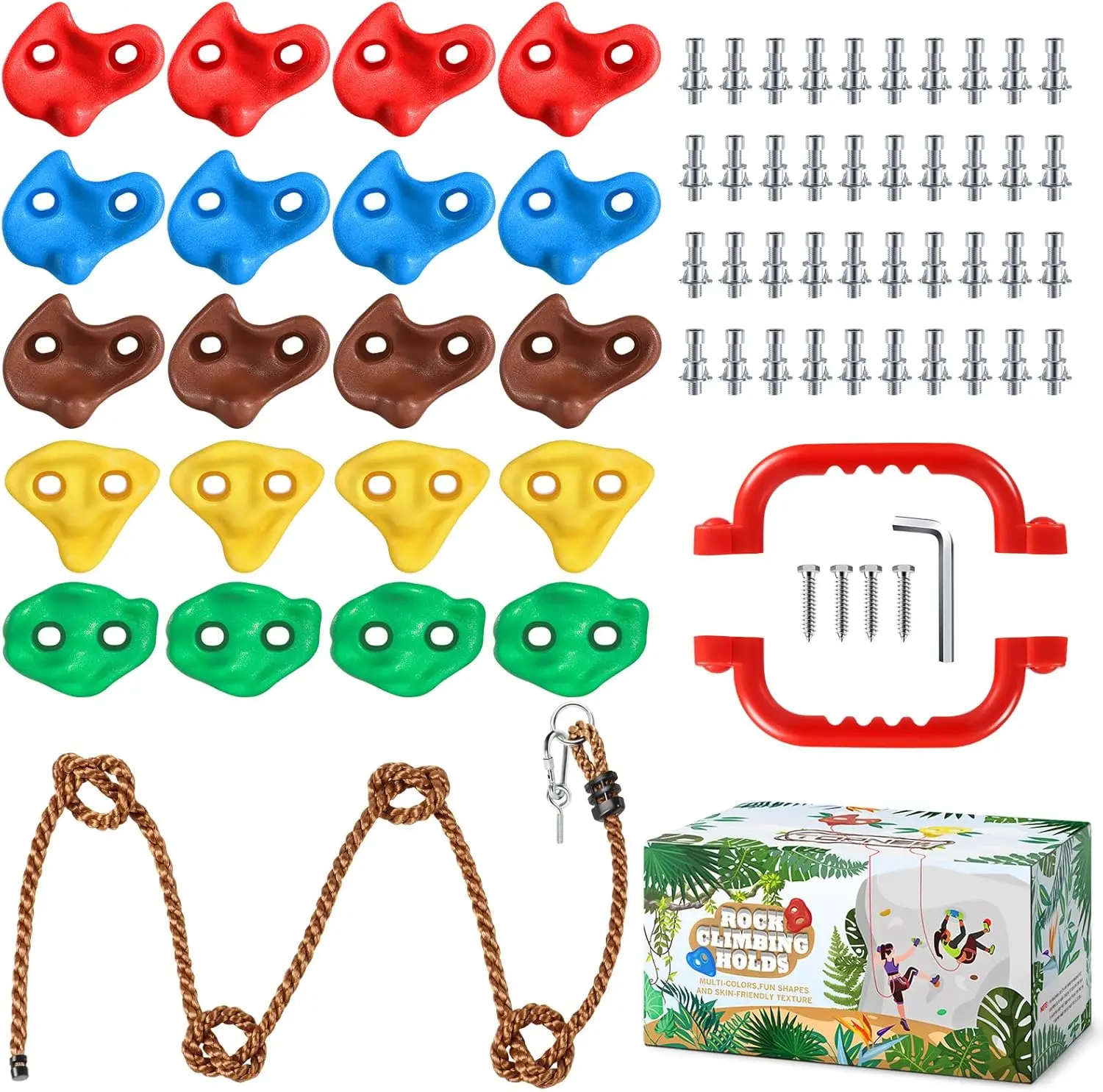 

20 PCS Kids Rock Climbing Holds with Rope and Handles, Indoor Outdoor Play Set - Mounting Hardware Included
