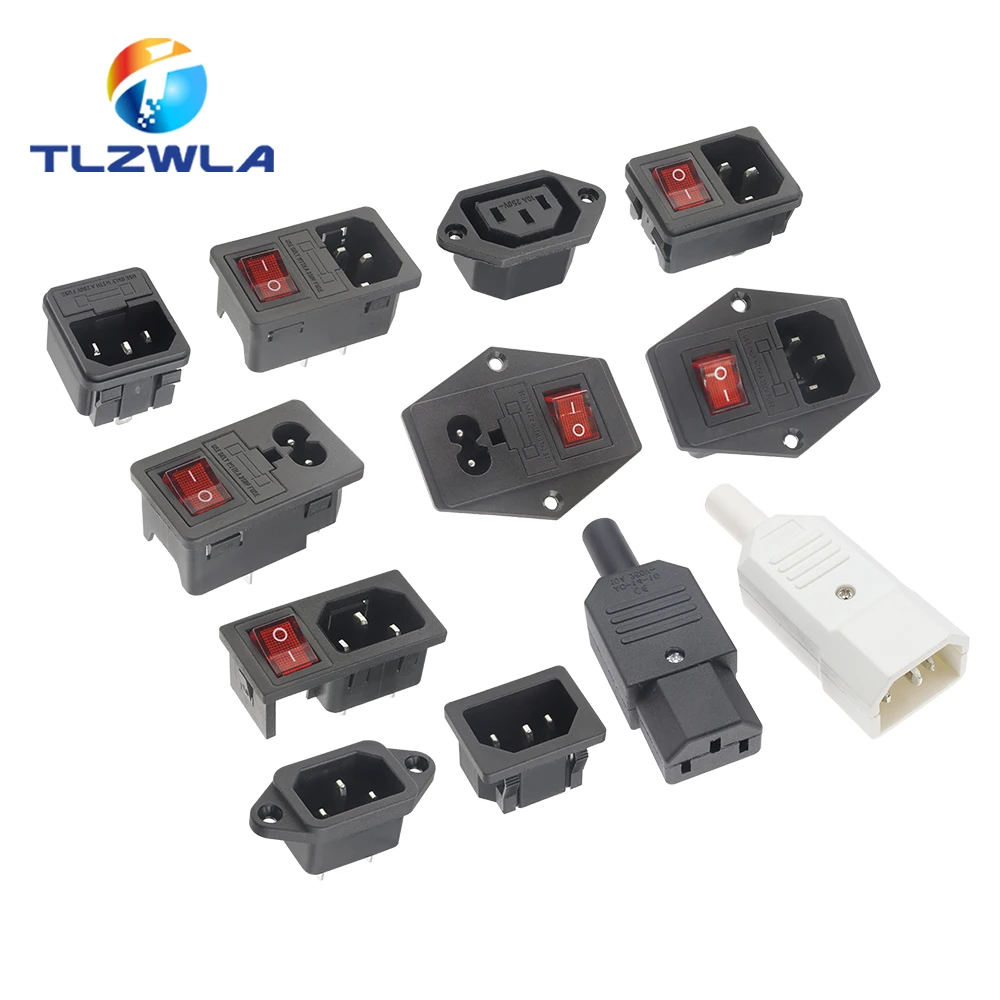 IEC 320 C13 C14 Wlot AC Gniazdo wtyczki zasilania 250V 10A Bezpiecznik Czerwona lampa Przełącznik kołyskowy Rewirable 3-pinowe elektryczne męskie złącze żeńskie