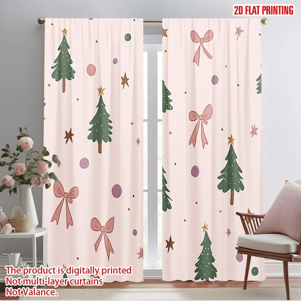 2pcs,2D plane printing Popular Curtains Christmas Trees Bows Ornaments Stars (3) Polyester Easy Install (without rod) Festive