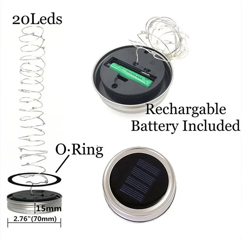 ABGH-Waterproof Solar Mason Jars Lights 6PCS 30 LED Fairy Firefly Jar Lid String Lighting With Hangers For Outdoor Garden Decora