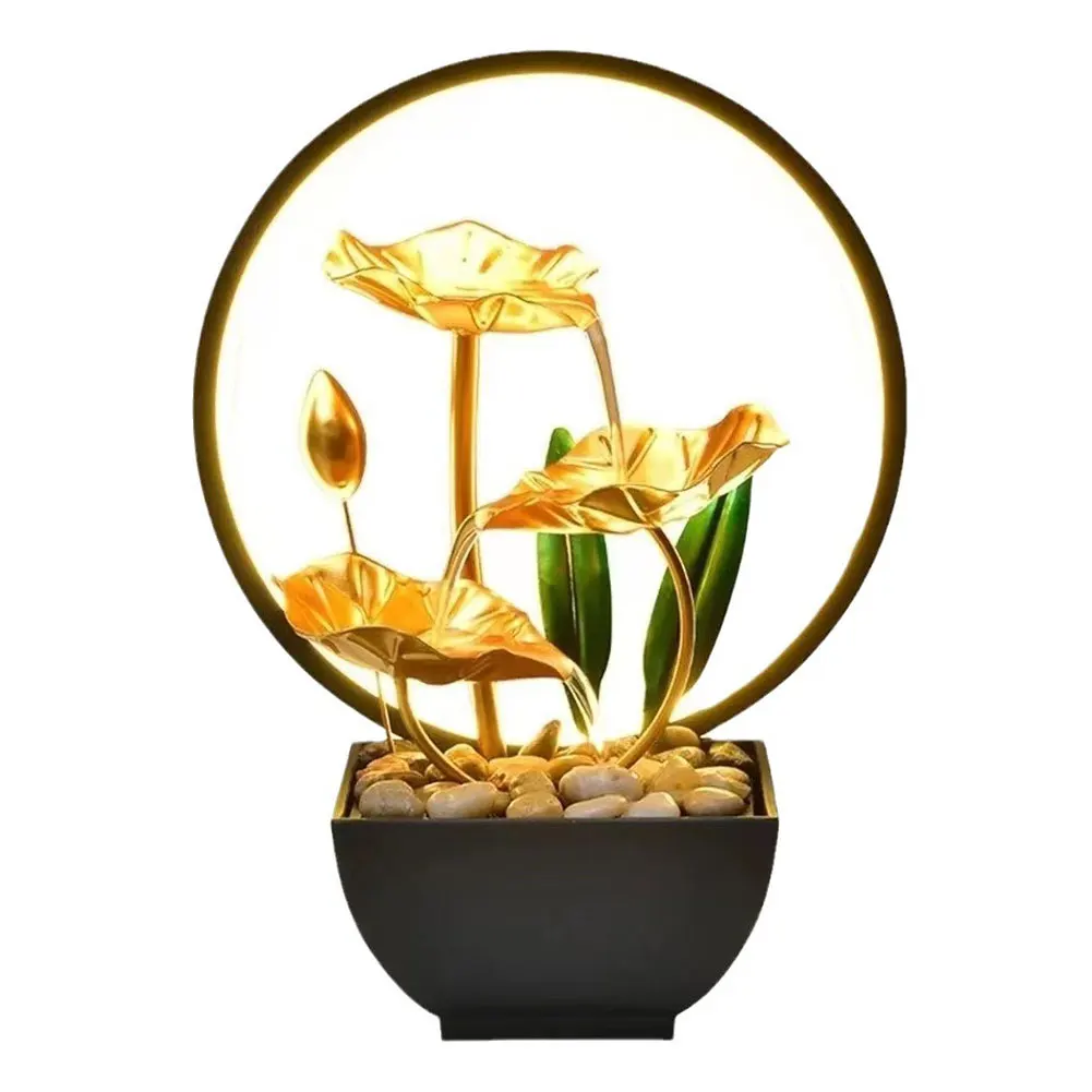 

3-Tier Lotus Leaf Flowing Water Fountain with Natural Rocks & LED Ring Light Desktop Waterfall Decor Metal Home Desk Decoration