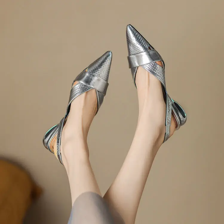 Pointed Toe Sexy Silver Low Heels Party Shoes Women Sandals Designer Summer Brand Pumps Slingback Casual Shoes Sandals