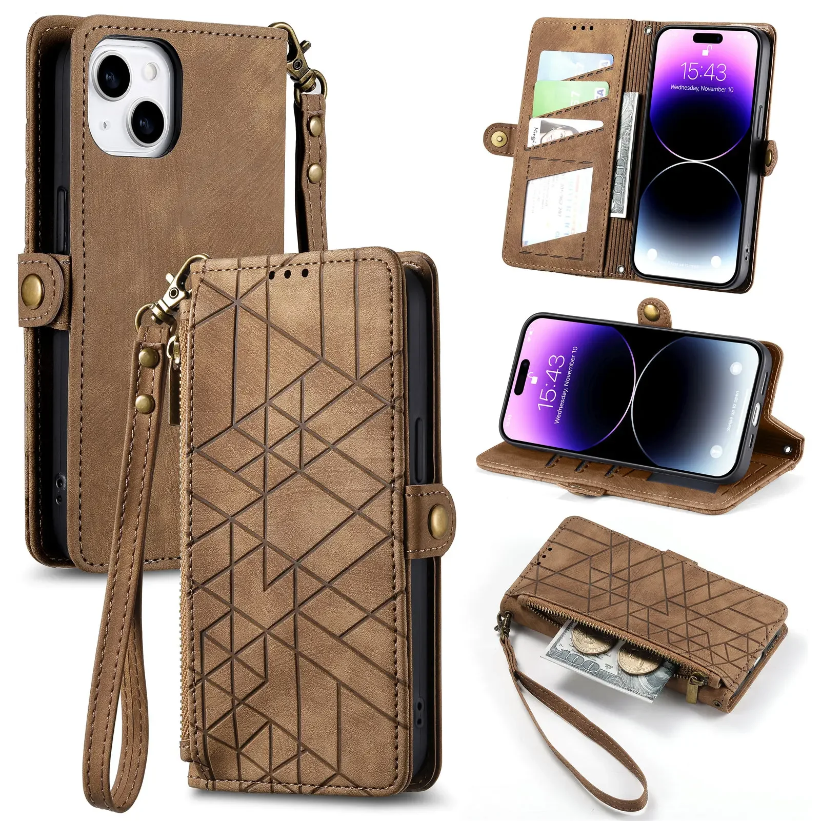 

Business Leather Flip Walle Phone Case for IPhone 15 14 13 Pro Max 11 12 XR XS 7 8 Plus Mini Luxury Wrist Lanyard Bracket Cover