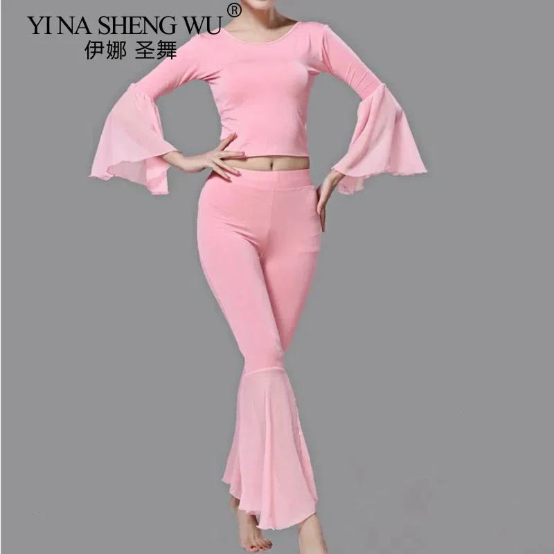女性用大人のベリーダンス衣装セット 2 個トップパンツモーダル生地トランペットスリーブダンス練習服レディースダンスウェア