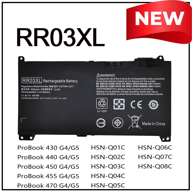 

RR03XL Replacement Li-ion Laptop Battery for HP ProBook G4 G5/430 440 450 455 470 Q01C/02C G4 Mt20 Z2Z83ES Q01C Q02C Zhan Q05C