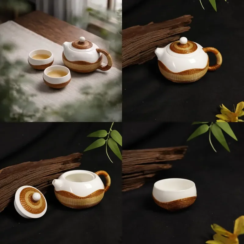 

【CHIMU HOME】 Handmade Bamboo Knot Chinese Style Kung Fu Set for Bamboo Woven White Porcelain Teapot and Cups 200ml