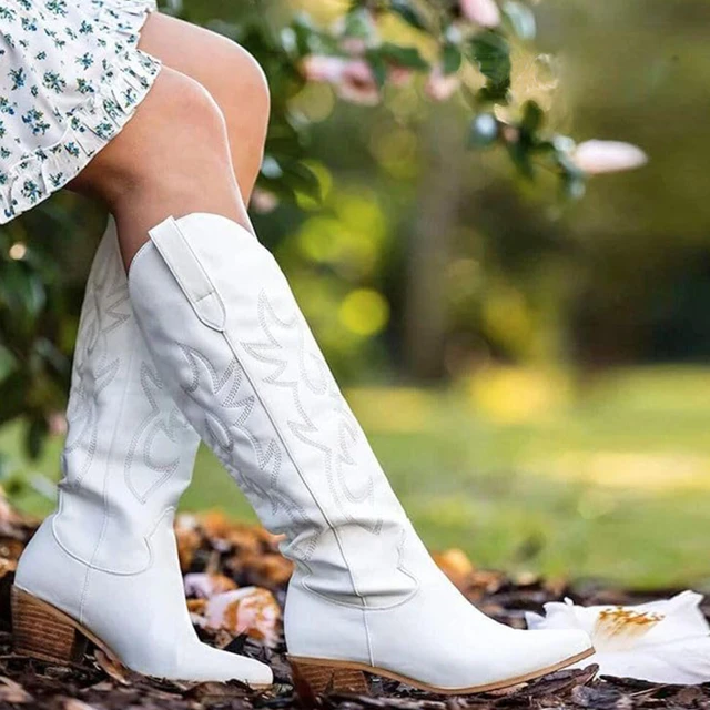 White Cowgirl Boots Vintage Embroidery Fashion Women Western Boots Pointed Toe Mid calf Cowboy Punk Women Shoes Big Size 46 AliExpress