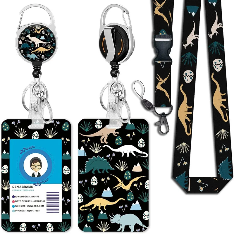 Badge Holder with Printed Patterns Dinosaur Print Double Badge Holder Cute Lanyard Set for Women Nurse Teacher Retractable Reel