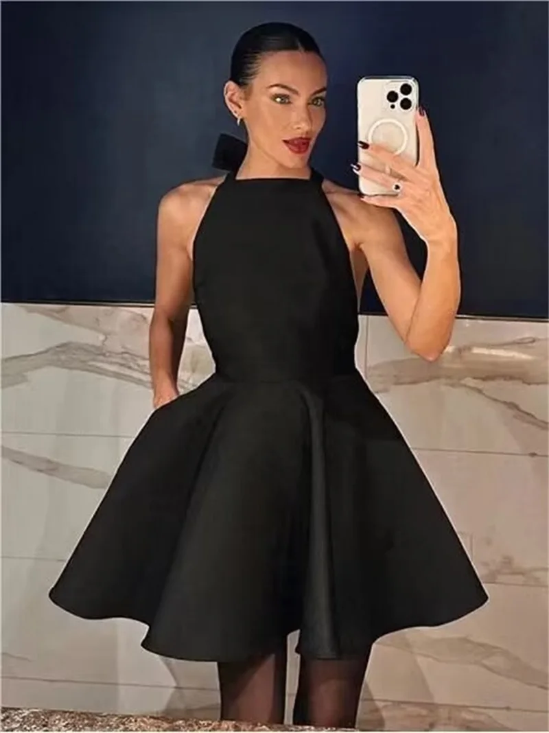 Black Backless Mini Skirt For Women Off The Shoulder Hollowed Out Fashion Sleeveless Party Dress Sexy A-line Tie Bow Club 2024