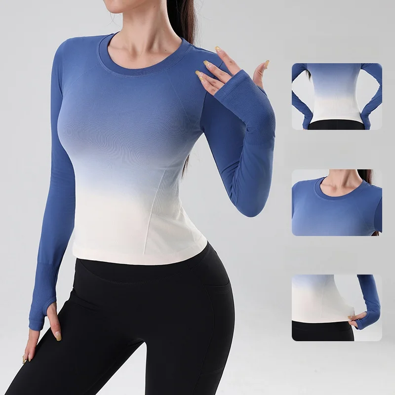 

Women's Gradient Color Long-Sleeved Sports T-Shirt Quick-Drying Slimming Yoga Top for Autumn Running Workout Clothes