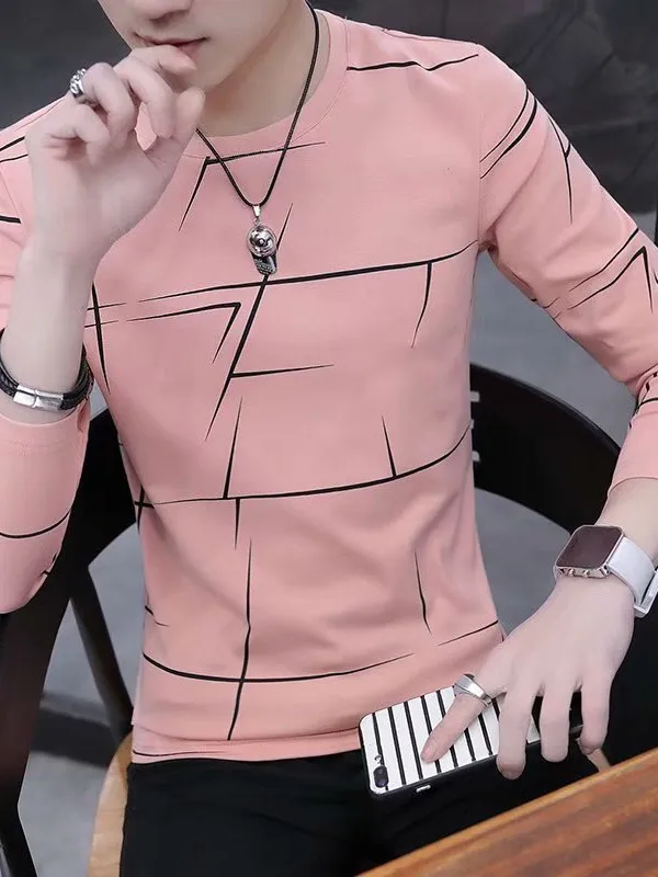 2026 T Shirt Men Spring Men Long Sleeve T-Shirt Stripe Shirt New Tshirt T Shirts Male O-Neck Casual Pink White Black Tops Tees