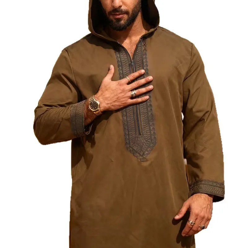 Long Robe Men Jubba Thobe Gown Embroidery Abayas Hooded Middle East Muslim Solid Modest Morocco Dubai Spliced Spring Casuak