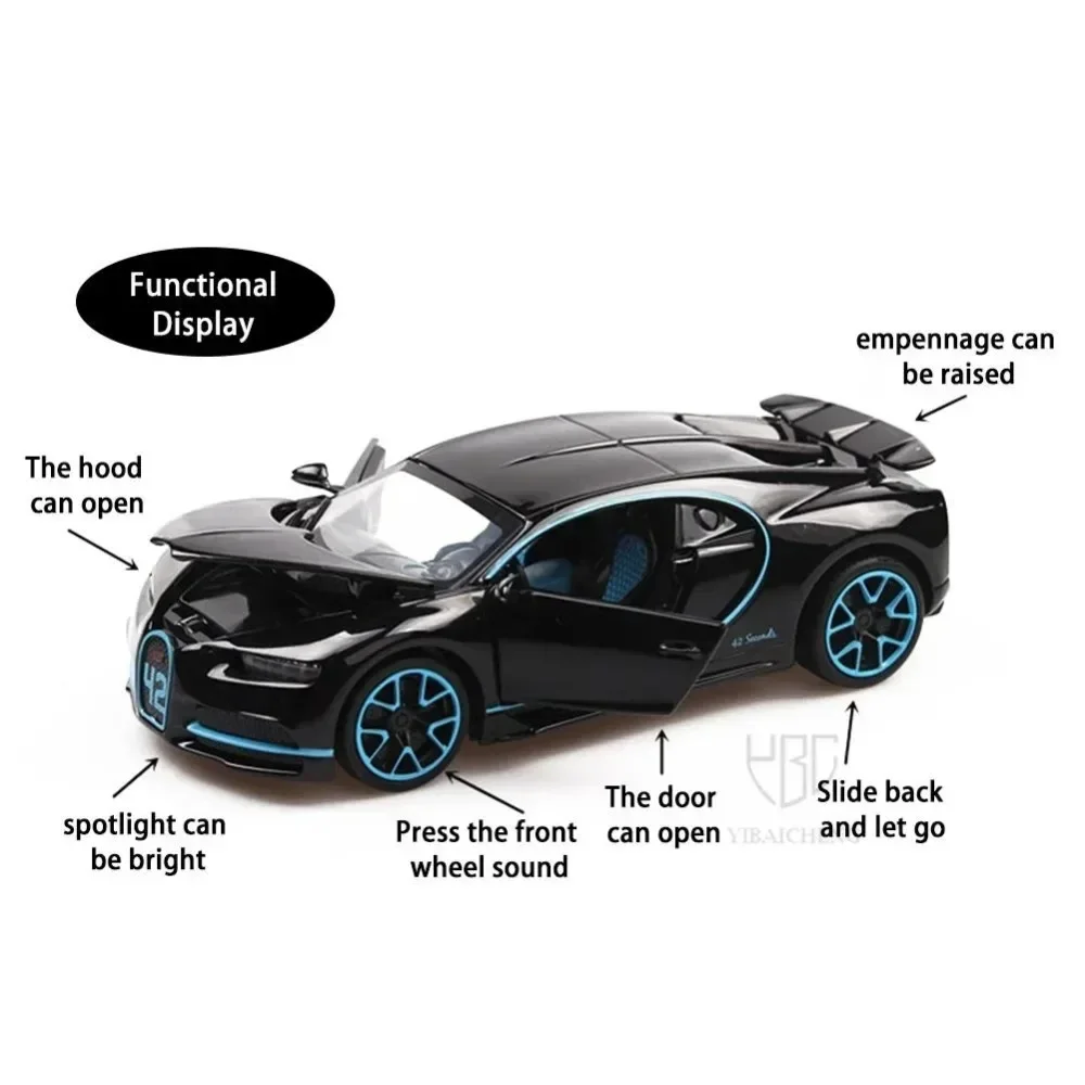 1:32 Bugatti Chiron Car Model Alloy Diecast Toys Metal Supercar Sound Light Pull Back Doors Opened Christmas Gifts for Children