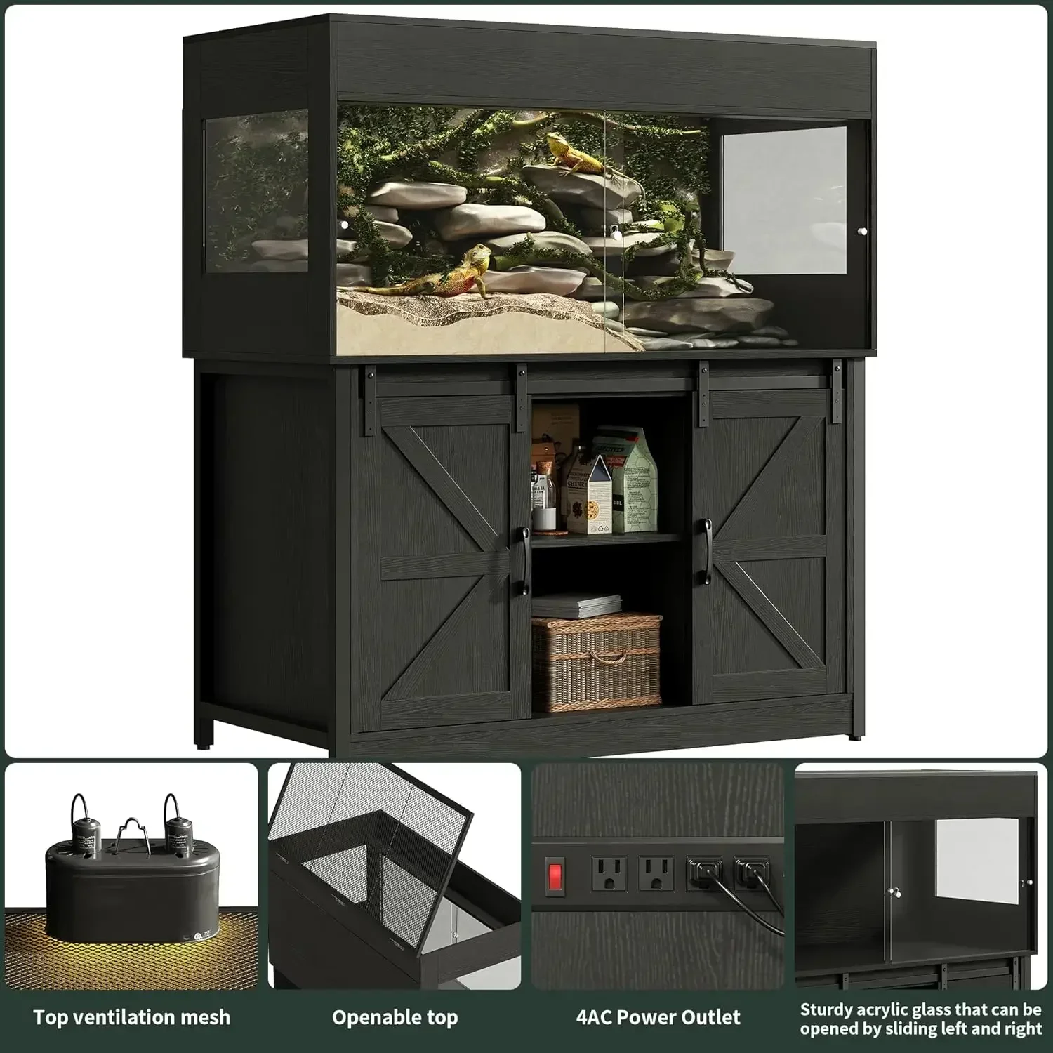 Enclosure for Snakes Lizards, Large Vivarium Tank with Storage Cabinet, Acrylic Doors, Mesh Lid, Power Outlet Black PX04RTBB
