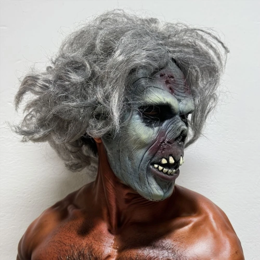 Maska Zombie Martwy Ludzik z Szarych Włosów dla Dorosłych z Gumą, Krewą, Szczęką, Rany na Halloween, Szczegółowe Złe Zęby, Dodatek do Kostiumu