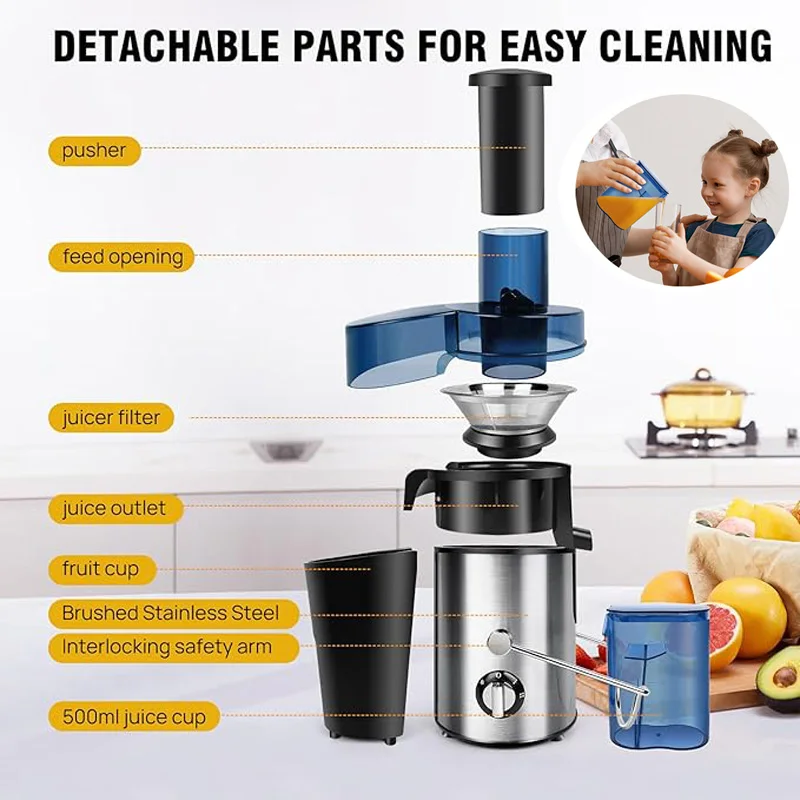 900W Centrifugal Juicer - For Whole Fruits and Vegetables, 500ml Capacity, 65mm Wide Mouth, 2 Speeds