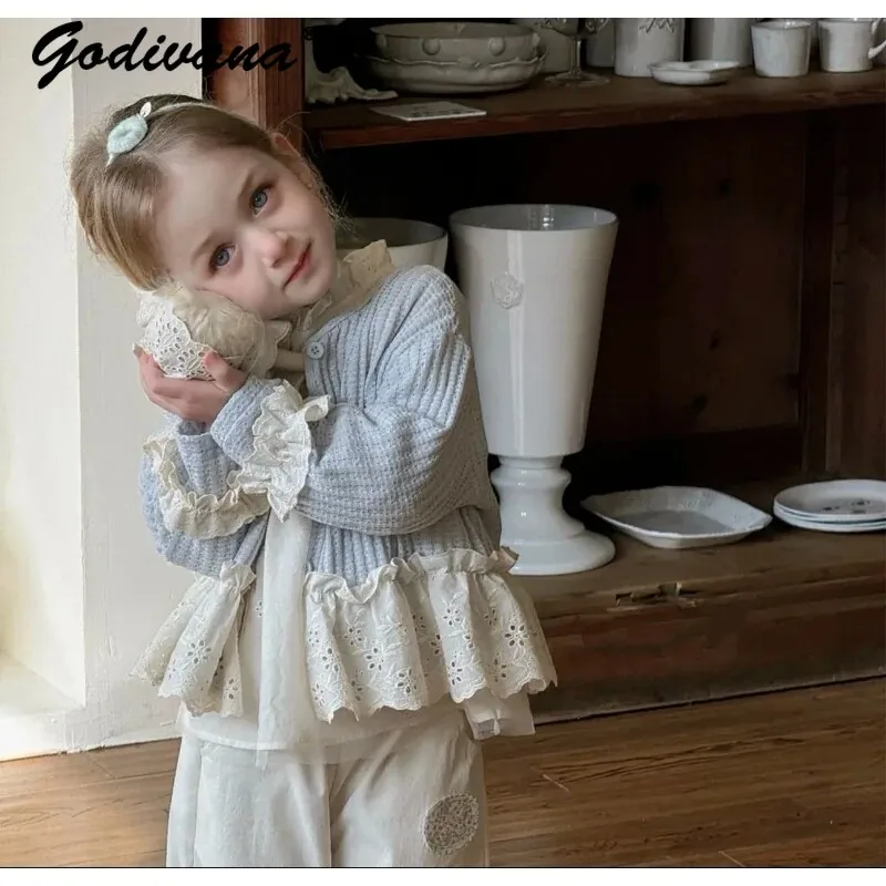

Korean Baby Girls Spring 2026 New Sets Childrens Lace Trim Knitted Cardigan and White Shirt Embroidery Wide-leg Pants 3pcs Sets