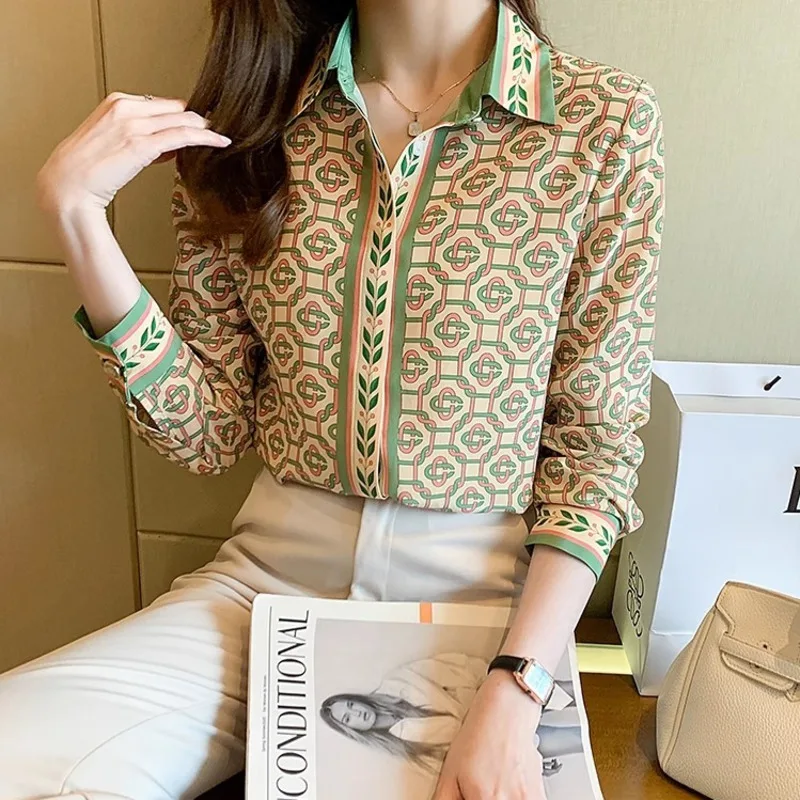 #3103 France Style Vintage Print Office Shirts Long Sleeve Loose Satin Shirt Women Turn-down Collar Office Elegant Retro Blouse