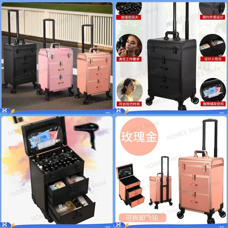 Large Capacity Aluminum Alloy Cosmetic Case Trolley Makeup Organizer Nail Art Embroidery Storage Box Professional Rolling