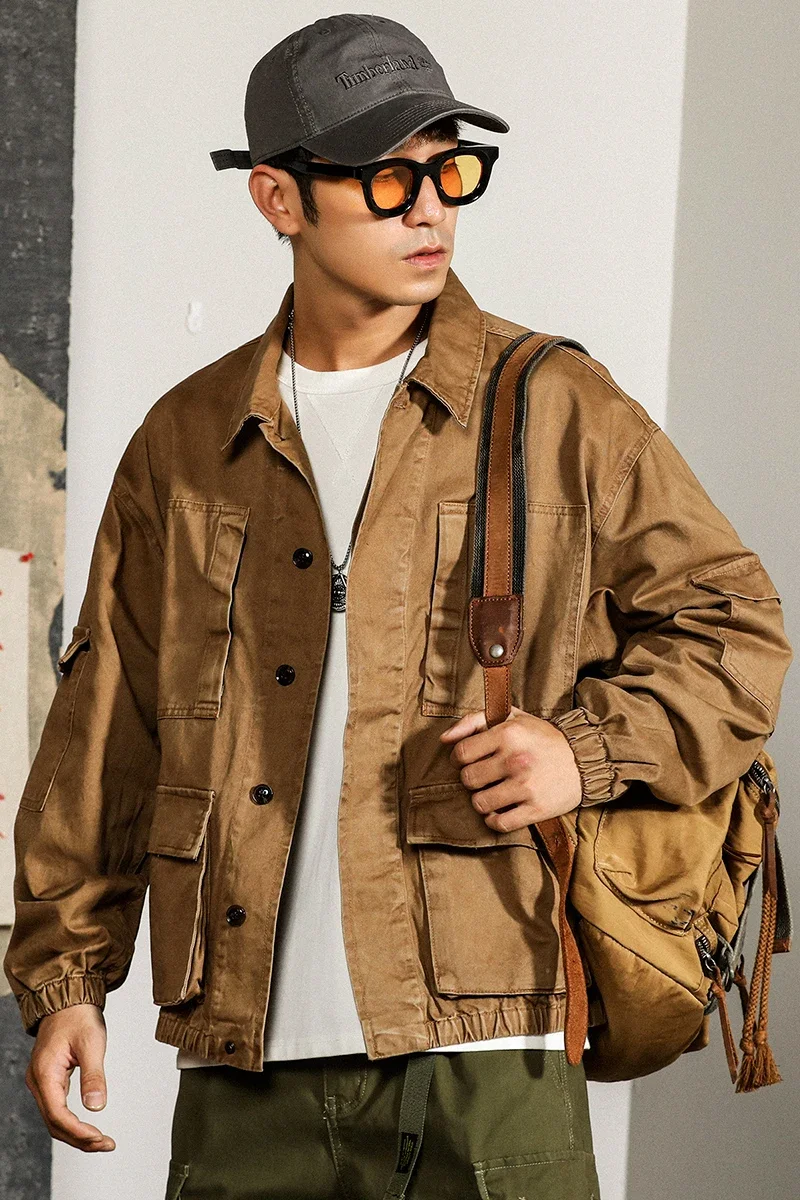 2023 Maden Vintage Paris Buckle Jackets for Men Loose Cotton Solid Coat Workwear Casual Fashion Man Clothing