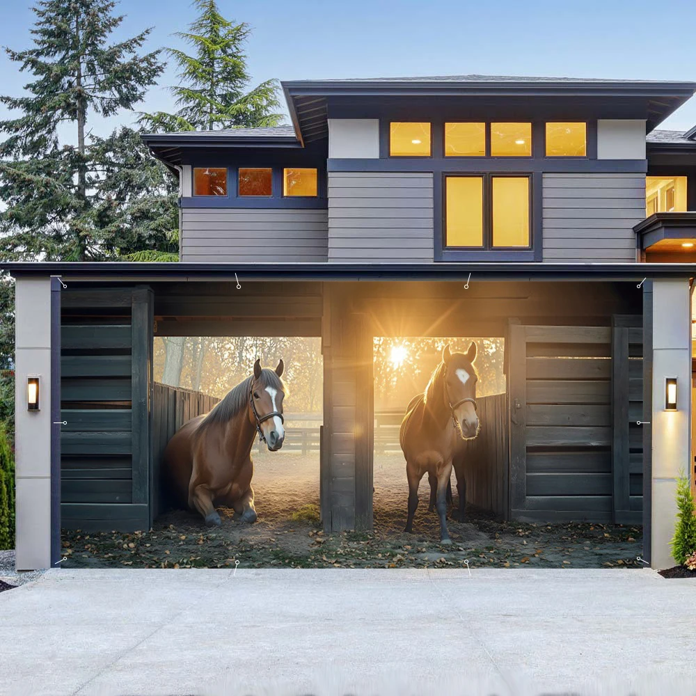 Stables الغابة المشهد باب المرآب راية مزرعة الحيوانات باب خشبي الخيول للديكور في الهواء الطلق المرآب خلفية الفناء راية كبيرة