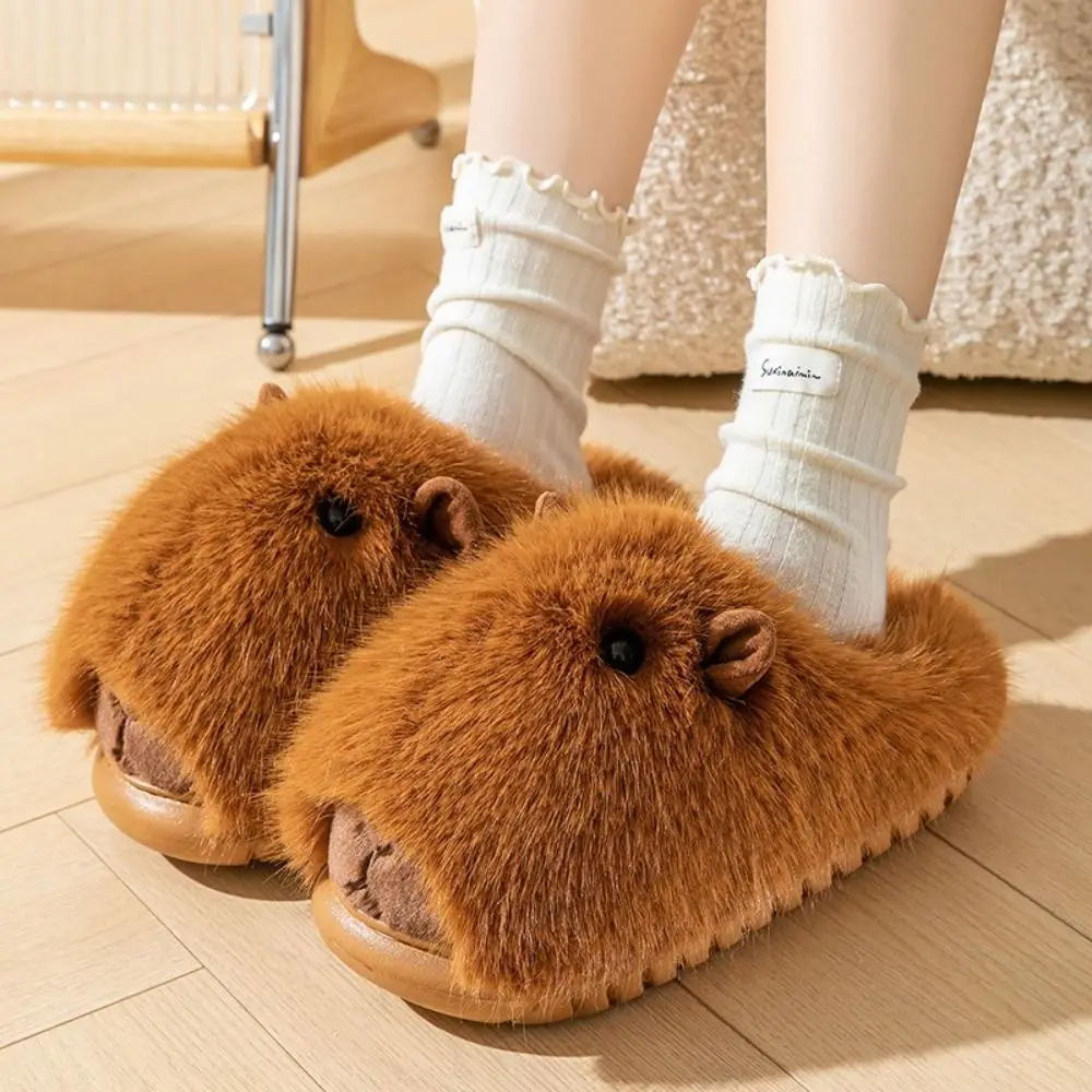 Fashion Comfortable Capybara Plush Slippers Winter Kawaii Cute Furry Animal Slippers Wrapped Heel Cartoon Couple Slippers Girls