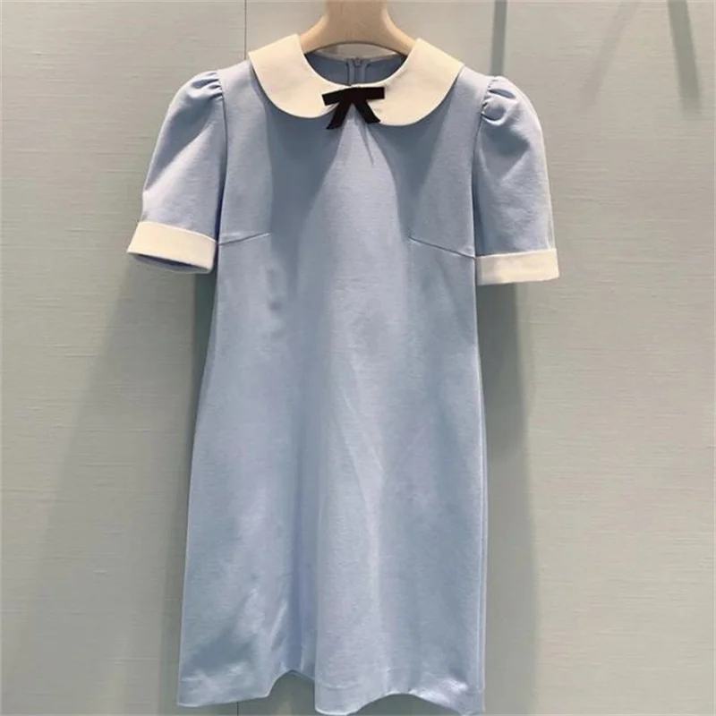 

Doll Collar Short Sleeve Dress Solid Color Blue A-line bow Fashion Casual Dress women