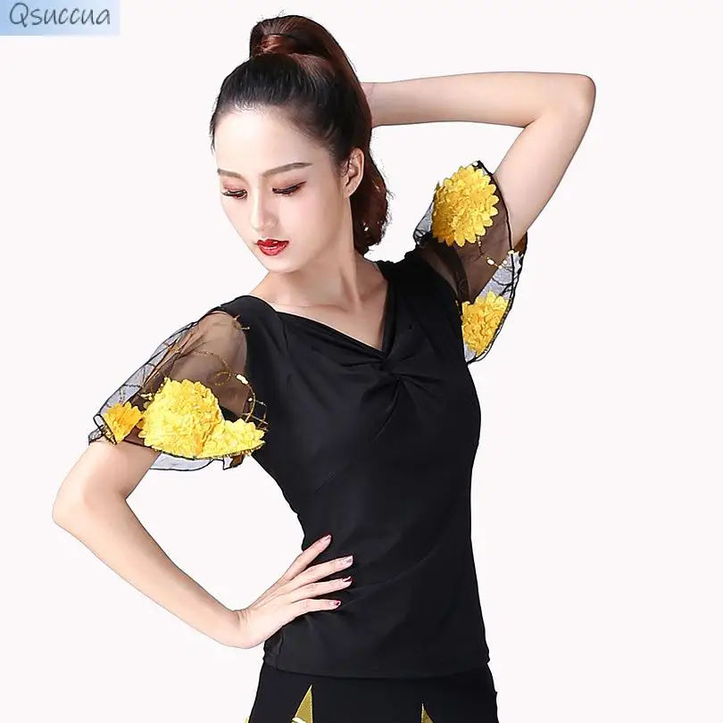 National Standard Dance Modern Dance Trumpet Sleeve Blouse Short-Sleeved Practice Latin Dance Competition Performance