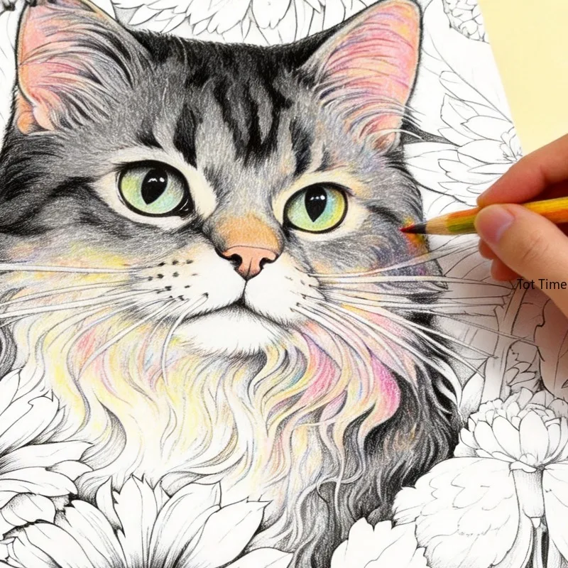 livro-de-colorir-com-desenhos-de-animais-e-flores-tema-gato-livro-desenhado-a-mao-para-alivio-da-ansiedade-e-relaxamento-para-adultos-32-paginas