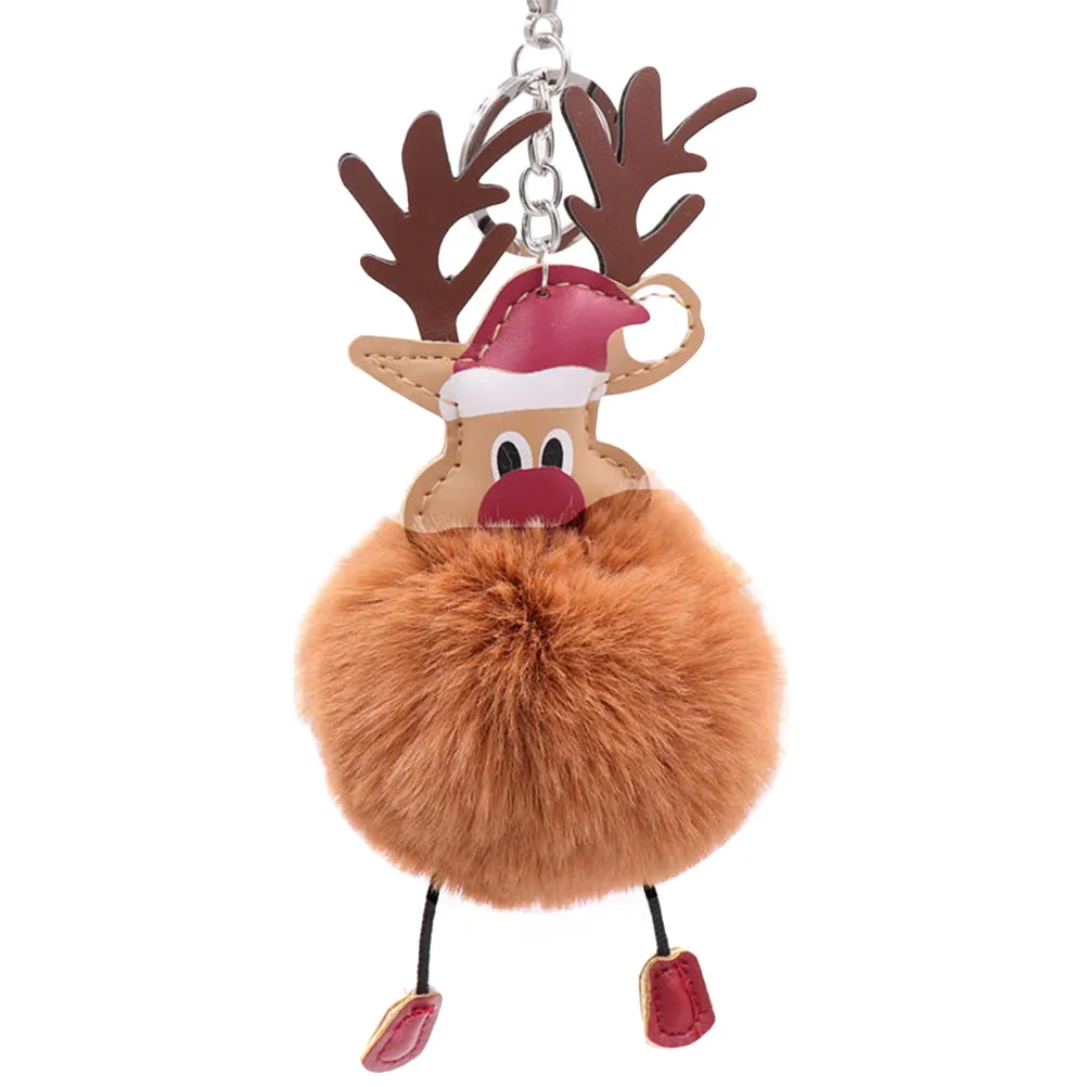 Christmas Elk Keychain Cartoon with Soft Pom Pom Ball Handbag Decoration Car Keys Backpack Charm Holiday Gift Key Chain