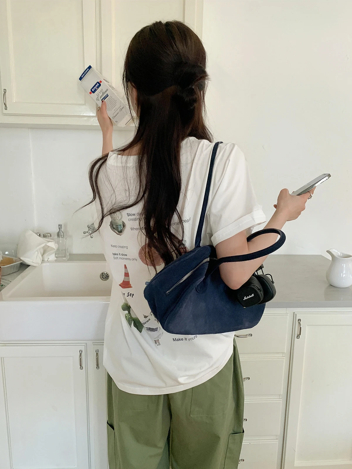 Sakura Model Summer Loose Short Sleeve T-Shirt Women's Casual Style round Neck Print Cotton Top Fun Back Pattern Green Color