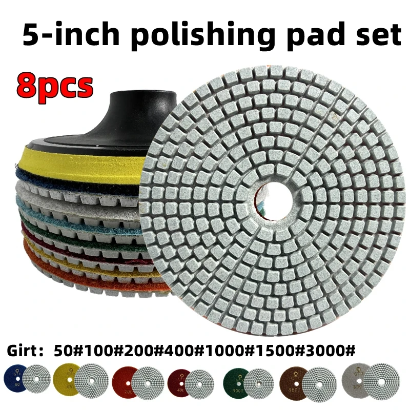 8pcs 5 inch 125mm Diamond Polishing Pads Kit Wet/Dry for Granite Stone Concrete Marble Polishing Use Grinding Discs Set M14