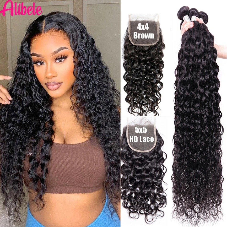 Alibele Hair 4x4/5x5 HD Lace Closure With Bundles Malaysia Water Wave Bundles With Closure Long Human Hair Bundles And Closure