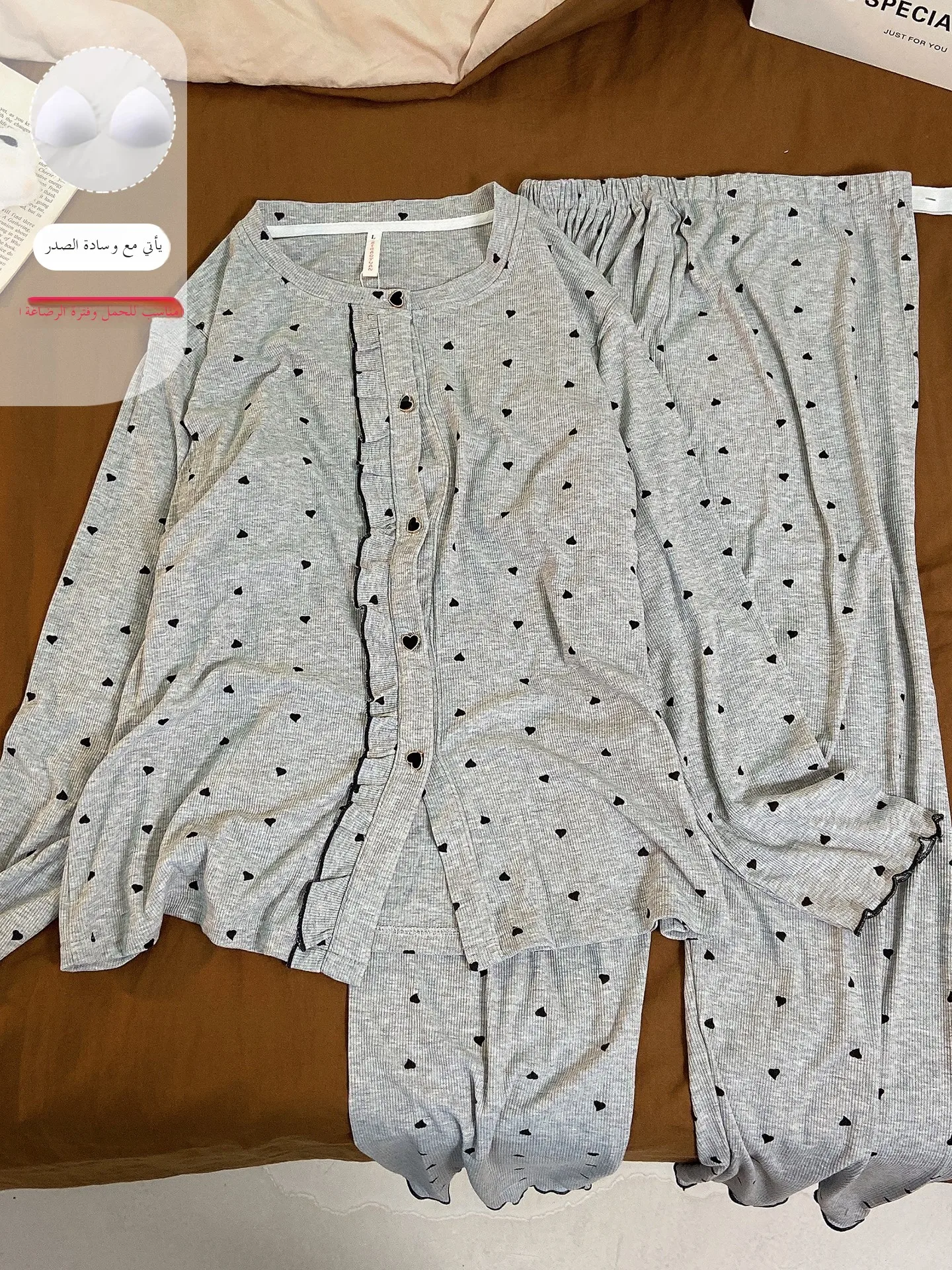 マタニティパジャマ薄手夏秋春授乳用ハート柄長袖ラウンドネックホーム快適スーツ