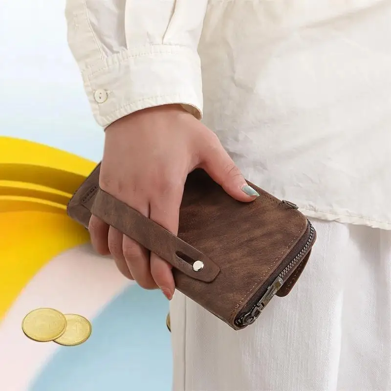 محفظة أنيقة متعددة الفتحات للبطاقات للرجال والنساء؛ PU، سحاب طويل، جيب للعملات المعدنية ومحفظة حقيبة الهاتف.