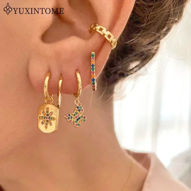 YUXINTOME 925 Silver Ear Needle Zircon Hoop gold Earrings For Women Square Plate Pendant Cutout Heart Earrings Fashion Jewelry