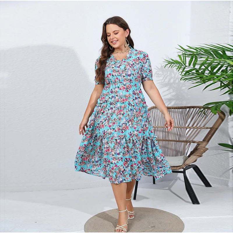 

Large size chiffon dress, wooden ear edge V-neck elastic waist floral medium and long dress, fashionable, simple and elegant tem