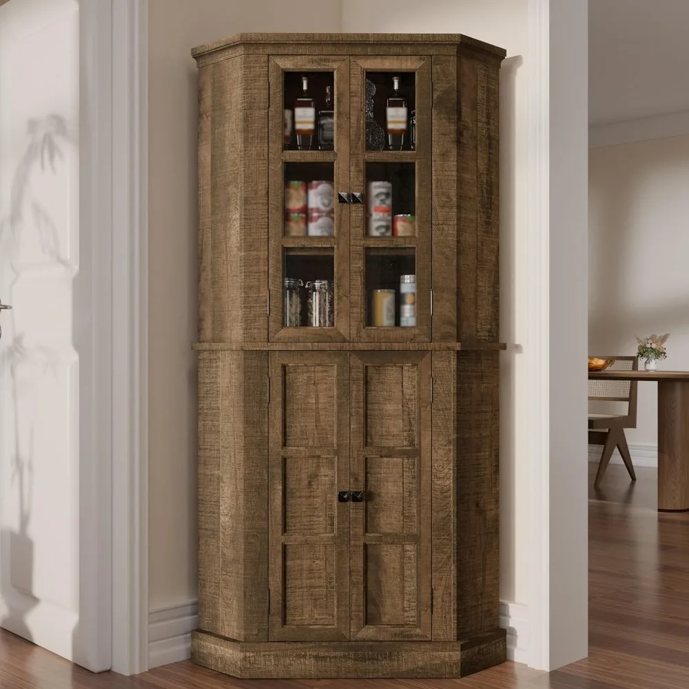 

Corner Storage Cabinet, 67 Kitchen Corner Cabinet with Glass Doors, Farmhouse Tall Corner Display Cabinet with Adjustable Shelve