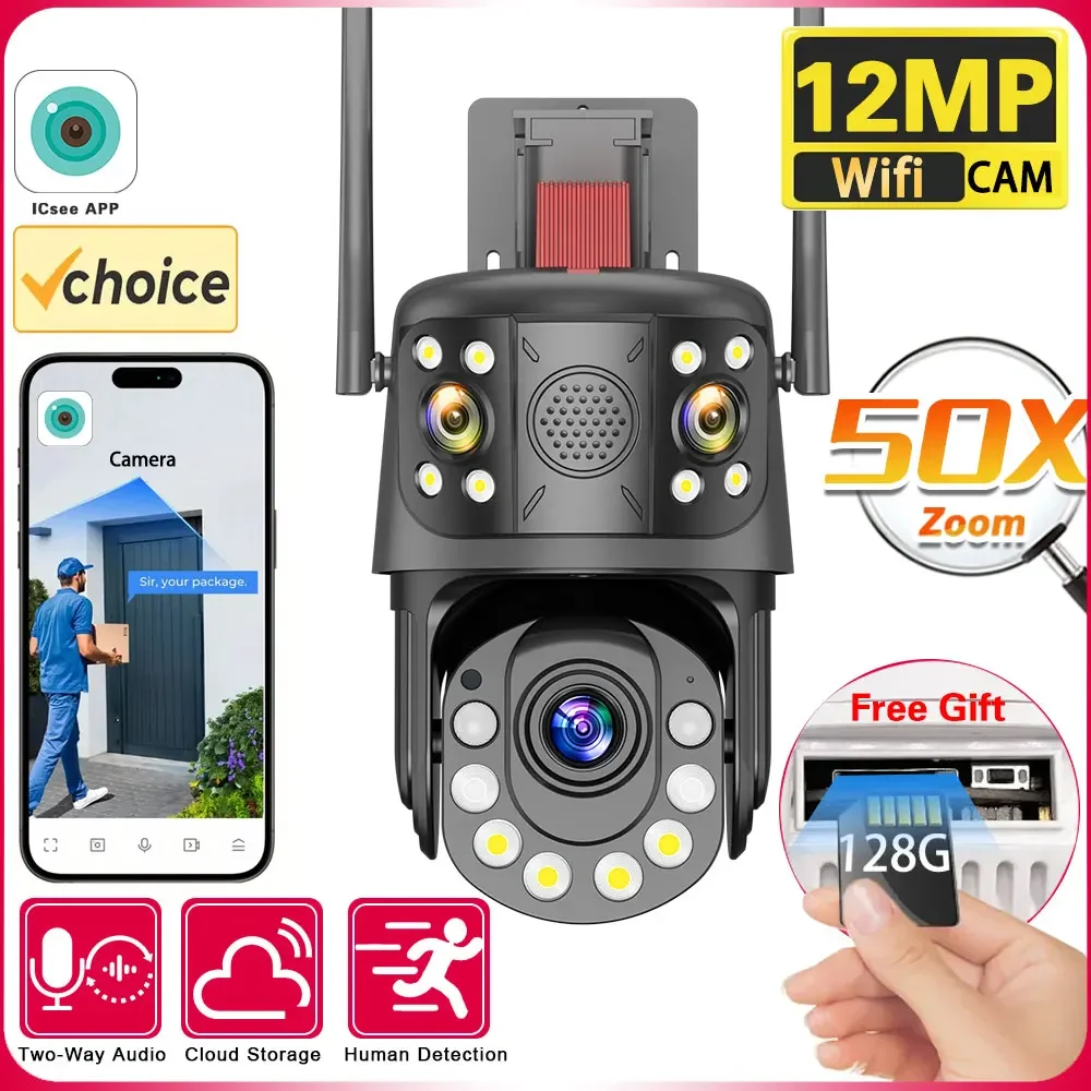 ICSee 50x Optical Zoom Surveillance Camera WIFI 12MP 6K Three Screens Outdoor 360° Wireless Smart Video Security IP Cameras CCTV