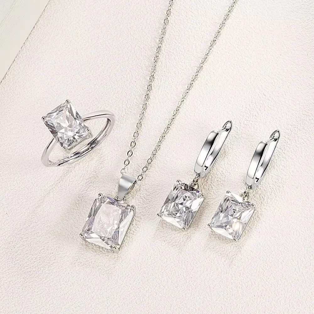 925 Sterling Silver Multicolor Square Zircon Necklace Earrings Ring Set Birthday Party Anniversary Set Gift
