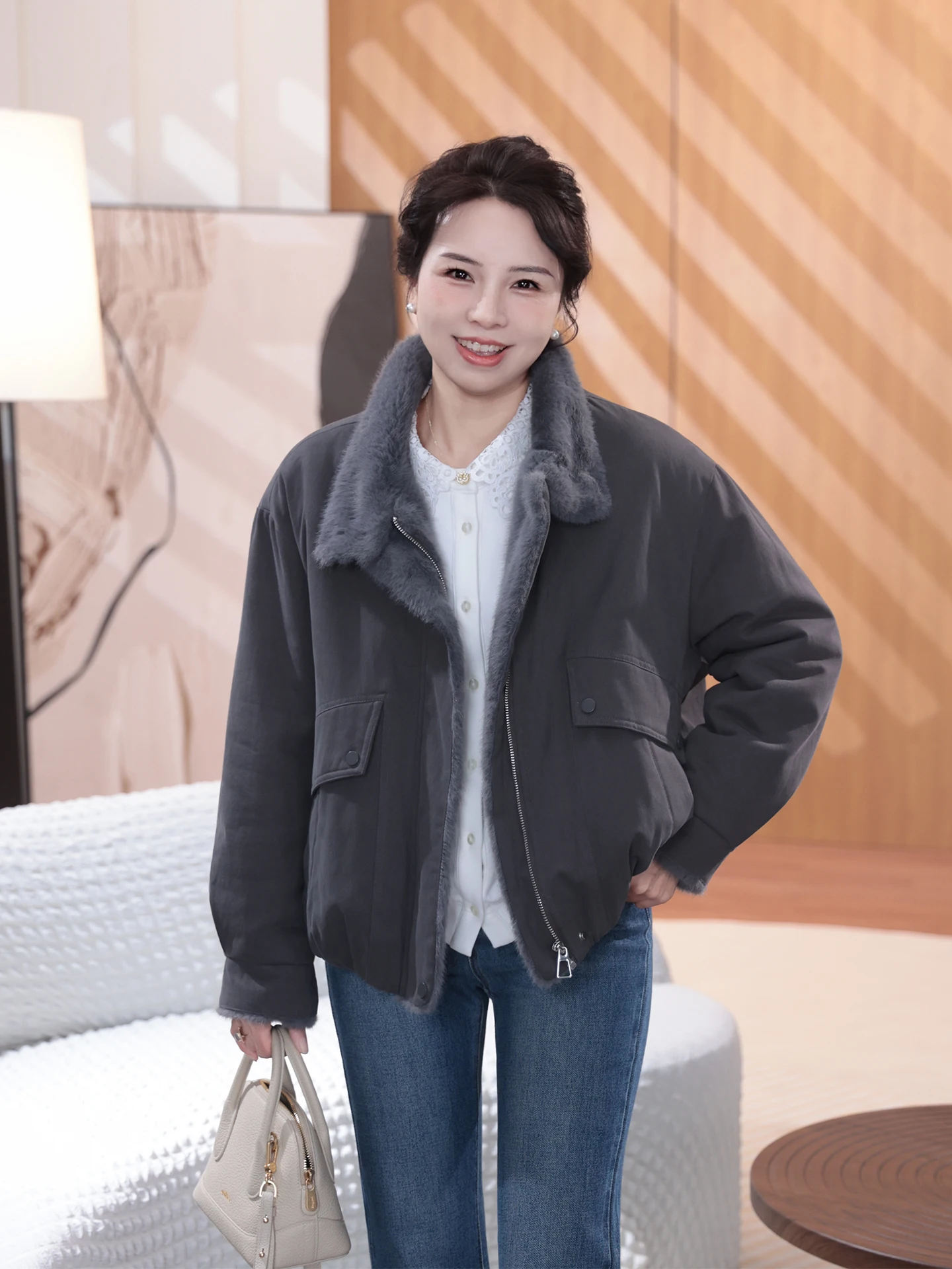 

Зимнее теплое женское пальто Thiened Fce из хлопка с воротником-стойкой, меховым воротником, повседневное, простое, на молнии...